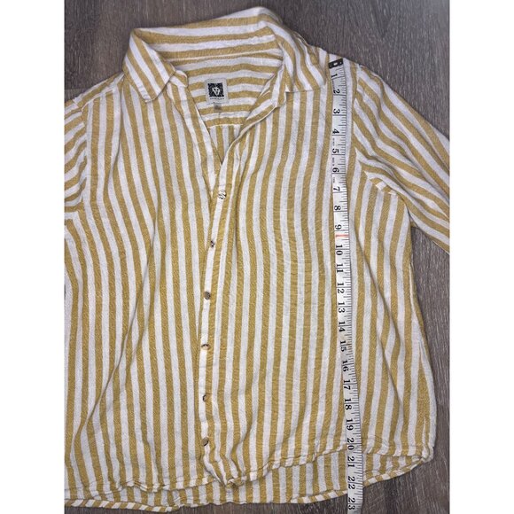 Anne Klein Womens Mustard & White Striped Button-Up Linen Shirt PL Roll-Tab Slee - Picture 5 of 6